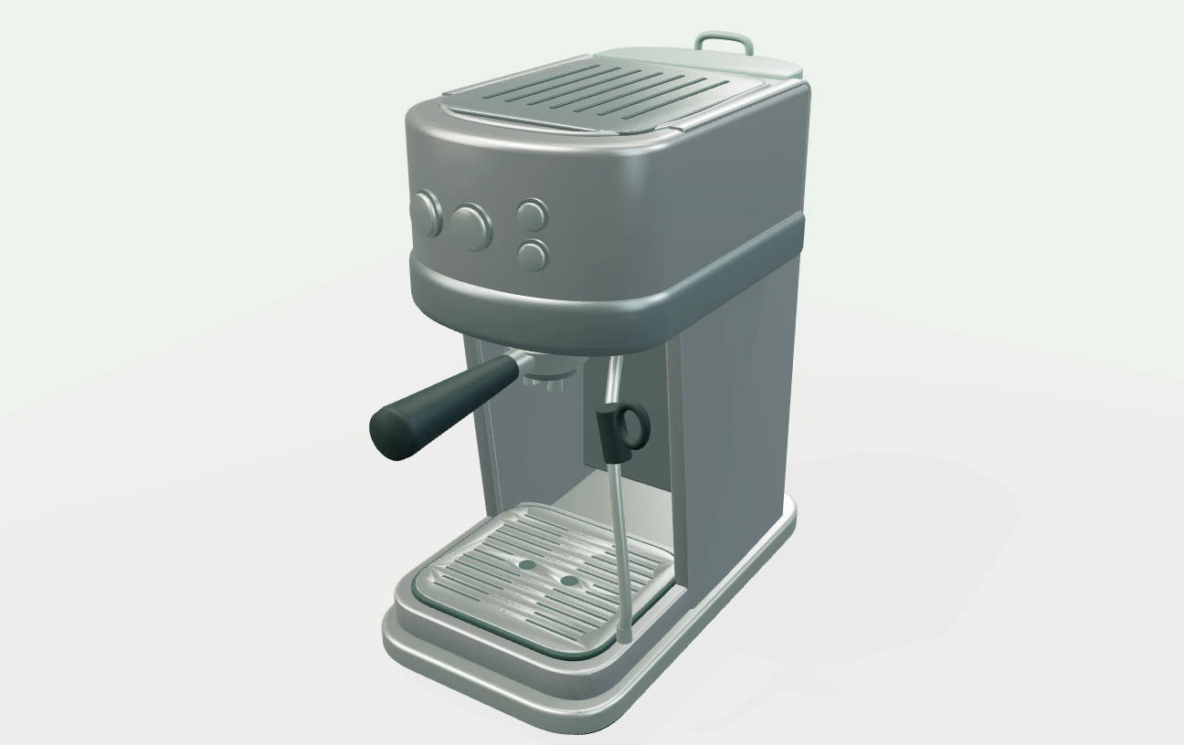 Independent exterior illustration of Breville Bambino. A bowed control face above an open brewing area, a forward portafilter, a right-side steam wand and a rear water reservoir.