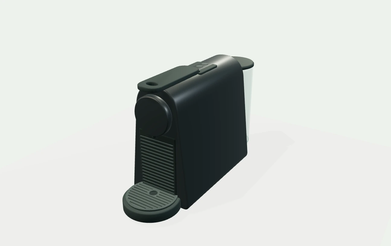 Independent exterior illustration of Nespresso Essenza Mini by De’Longhi. An arched, sloping capsule-machine body with a closed top lever, two top controls, a circular front outlet, a rounded cup tray and a cylindrical rear water tank.