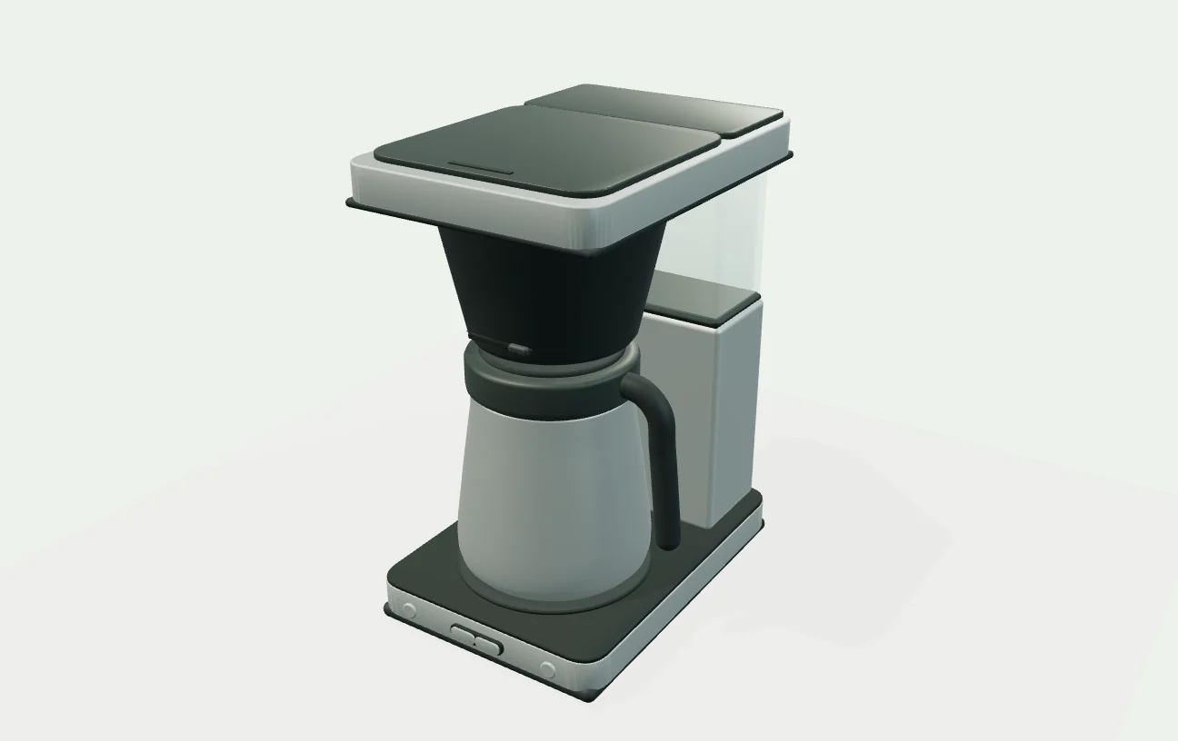 Independent exterior illustration of OXO Brew 8-Cup Coffee Maker. A steel base and rear support with a clear fixed reservoir, a flat upper head, a hanging brew basket and a tapered thermal carafe with a long dark grip.