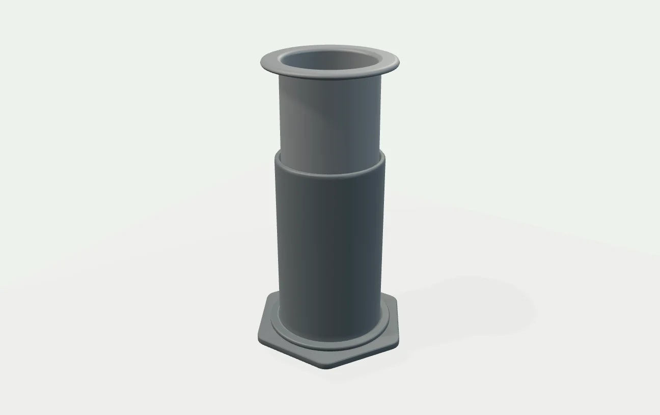 Independent exterior illustration of AeroPress Original. A round gray chamber with a six-sided support flange, a ribbed standard filter cap and a narrower, partially extended hollow plunger.