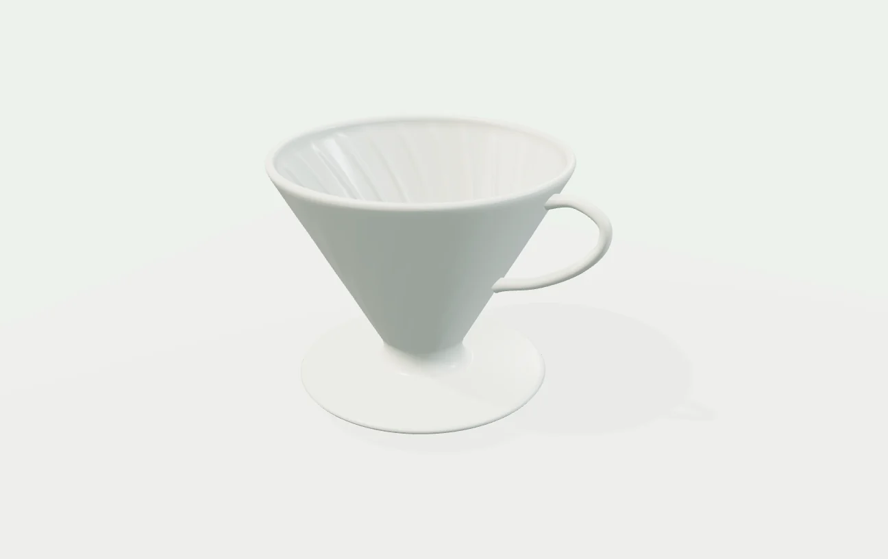 Independent exterior illustration of Hario V60 Ceramic 02. An open white ceramic cone with spiral relief, a curved integral handle, a broad support flange and an open lower passage.