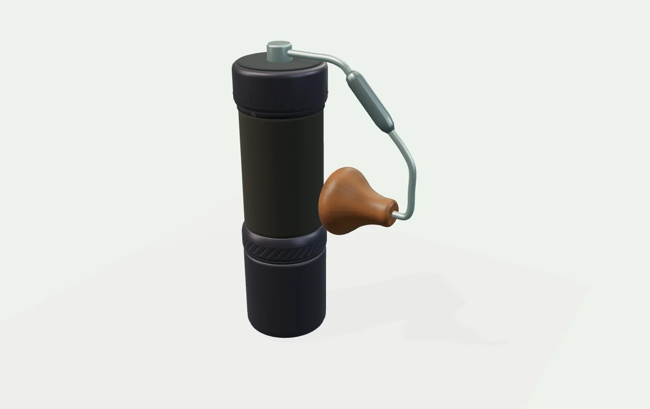 Independent exterior illustration of 1Zpresso J-Ultra. An Iron Gray cylinder with a dark textured middle, an external upper adjustment ring, a separate lower catch cup and a folded steel crank with a turned wooden grip.