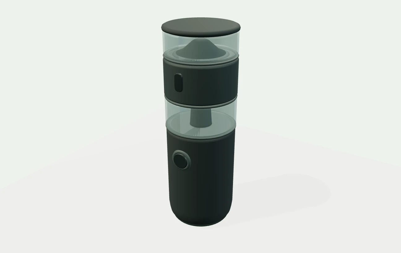 Independent exterior illustration of OXO Brew Compact Burr Grinder. A tall circular body with a clear upper bean hopper, a dark adjustment sleeve, a clear lower grounds container and a round front power button.