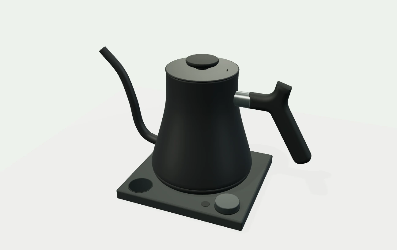 Independent exterior illustration of Fellow Stagg EKG Pro. A flared matte-black kettle with a slender rising gooseneck, a cantilevered handle and a low lid pull, seated on a square base with a circular display, dial and separate menu button.
