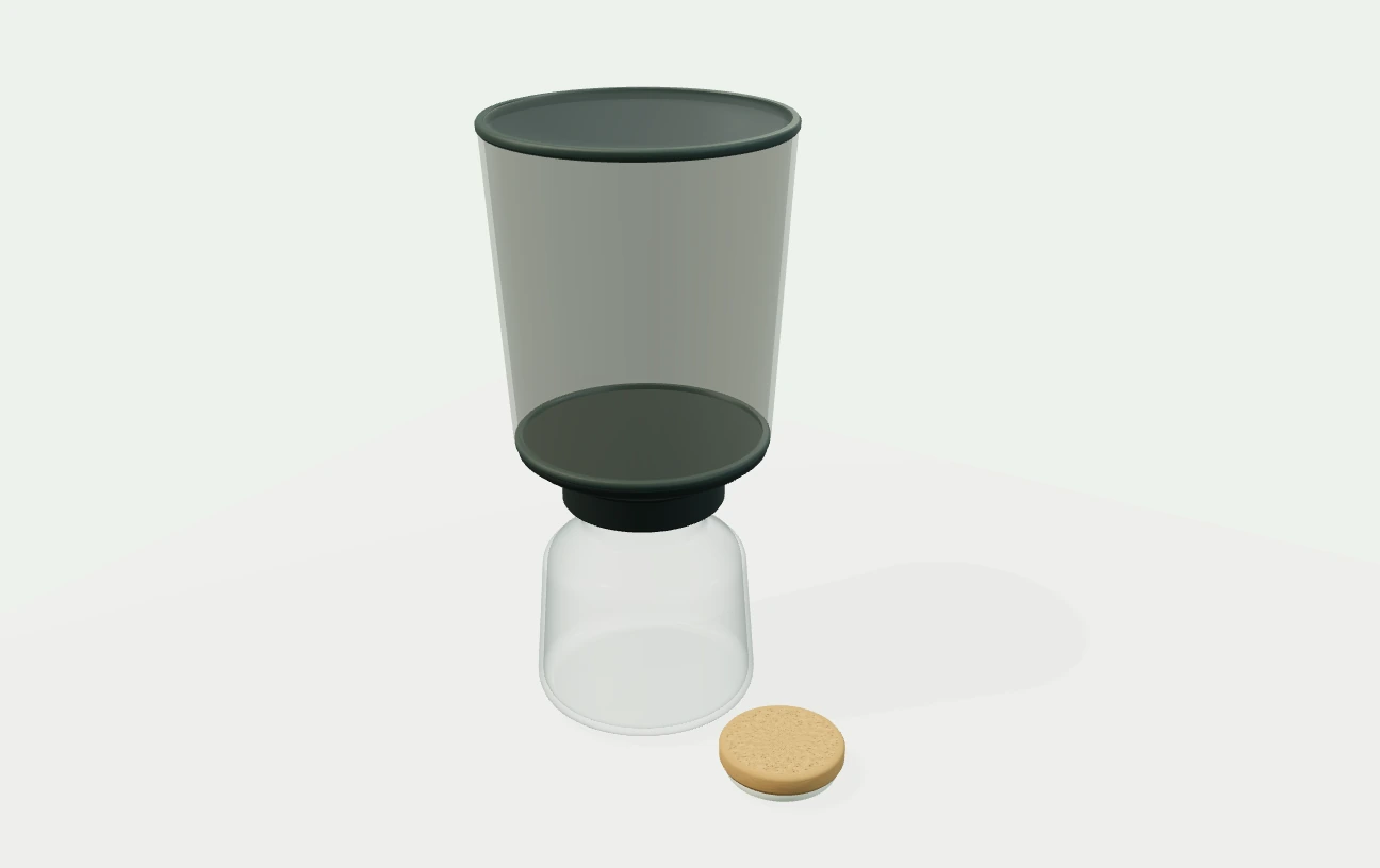 Independent exterior illustration of OXO Compact Cold Brew Coffee Maker. A tapered smoke-colored brewing container on a dark base, seated over an open glass carafe. The removable cork stopper rests beside the empty assembly.