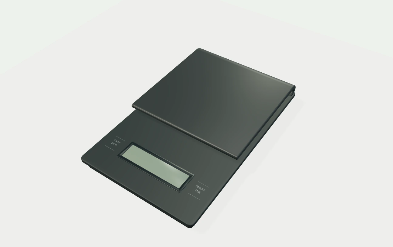 Independent exterior illustration of Hario V60 Drip Scale. A black family-level exterior with a separate square weighing platform, a rolled rear edge, a low rectangular body and a front ledge with a blank LCD window and two touch-control locations.