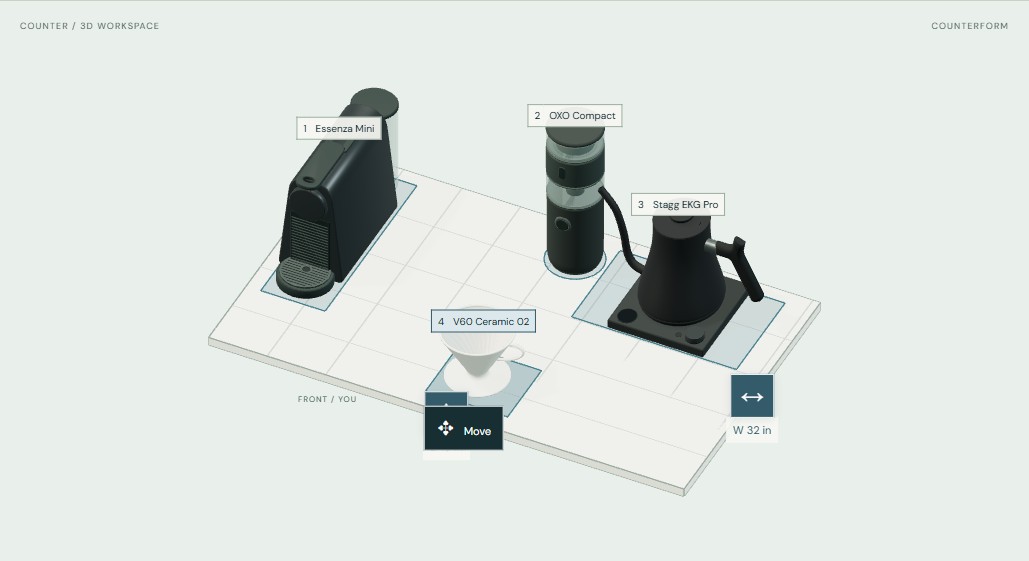 A real planner example with an Essenza Mini, OXO Compact grinder, Stagg kettle and V60 arranged on a counter.